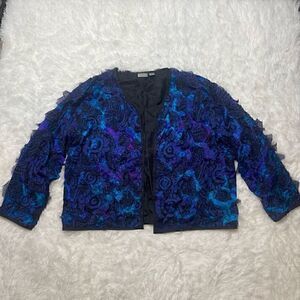 Chicos Jacket Silk Blue Open Front Patchwork Size 3 Unique Abstract